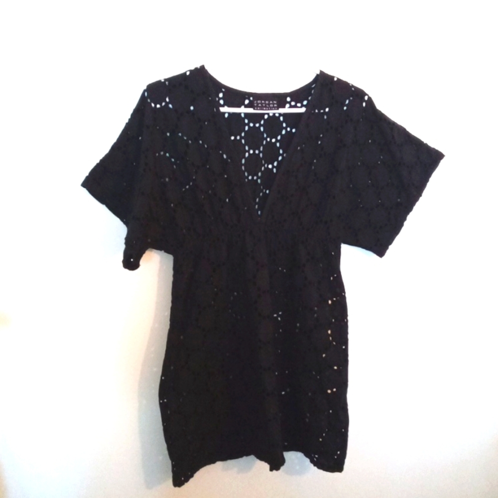Jordan Taylor Women's Black V-Neckline Eyelet Coverup, Top, Dress Women Size M
